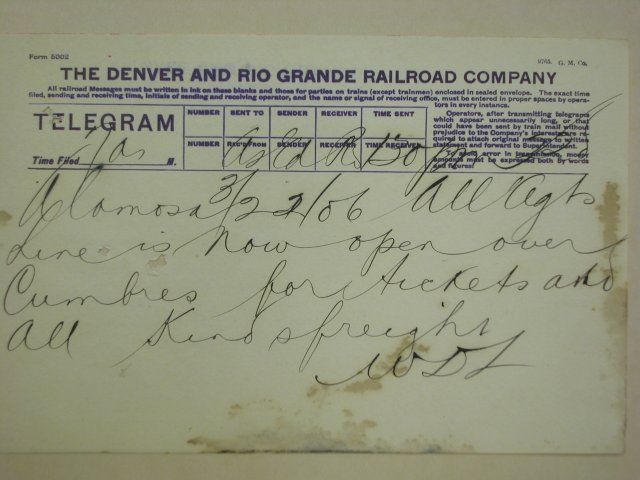 A telegram announcing Cumbres pass is open for passengers and freight, March 22, 1906.